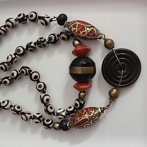 Vintage Victorian Etruscan Coral Beaded Necklace Hand Painted Evil Eye Agate Vtg